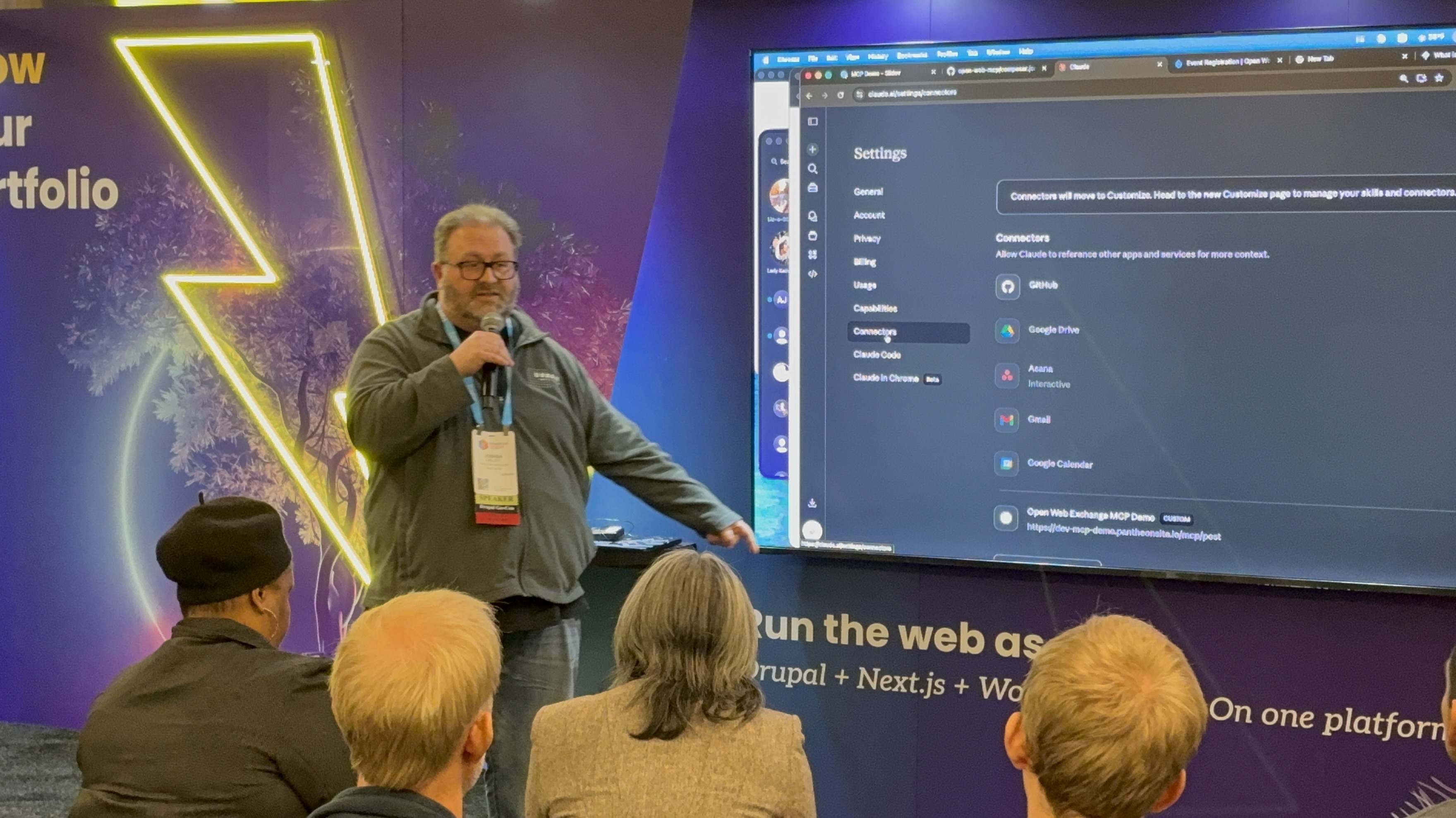 Josh Miller demoing the Drupal MCP module at the Pantheon expo booth, DrupalCon Chicago 2026